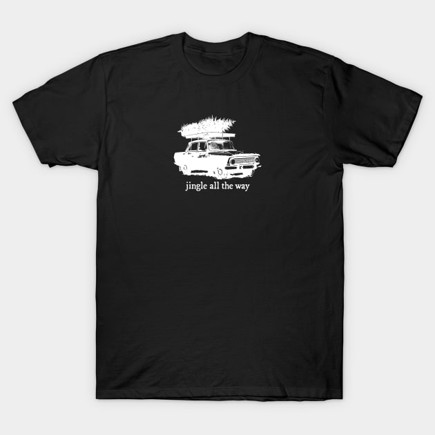 Vintage Car with Christmas Tree T-Shirt by Spindriftdesigns